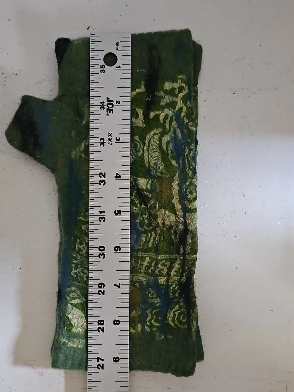 Hand Felted Wool Wrist Warmers Fingerless Gloves Fiber Art Green Blue